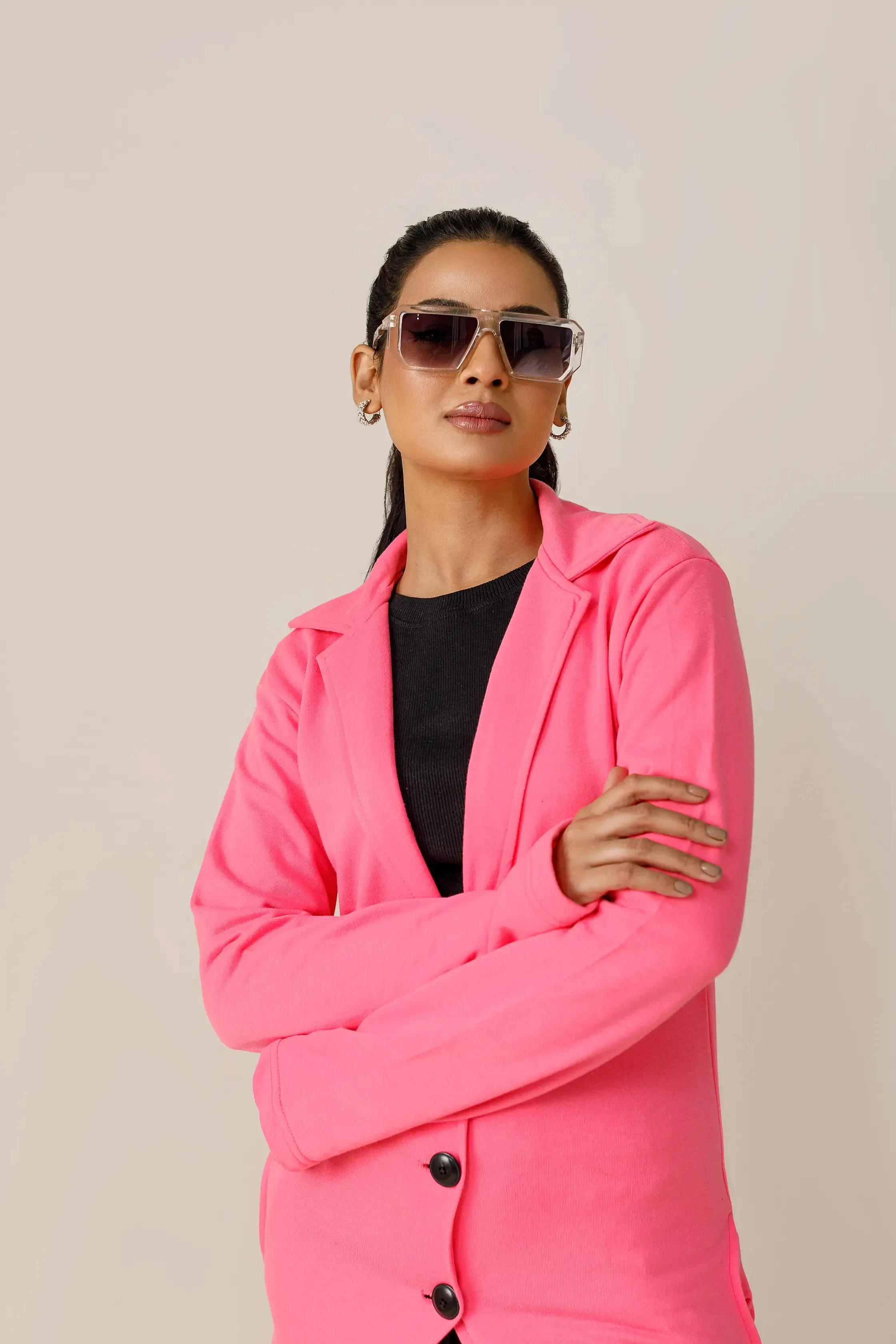 Shocking Pink Button Down Short Lapel Coat