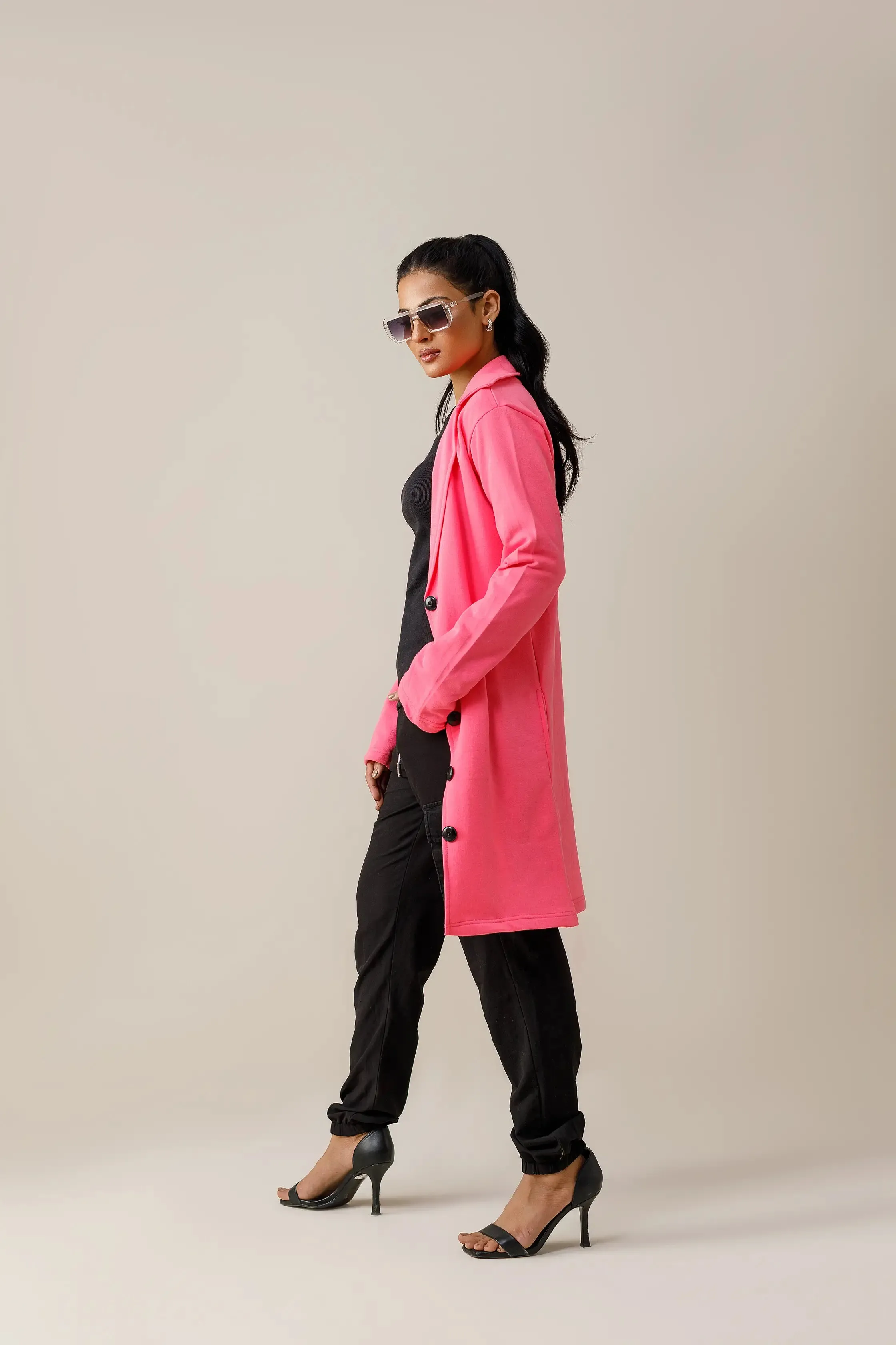 Shocking Pink Button Down Short Lapel Coat