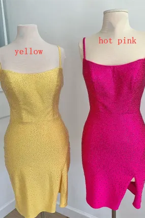 Short Tight Yellow Homecoming Dress,Crystal Beaded Semi Formal Dresses