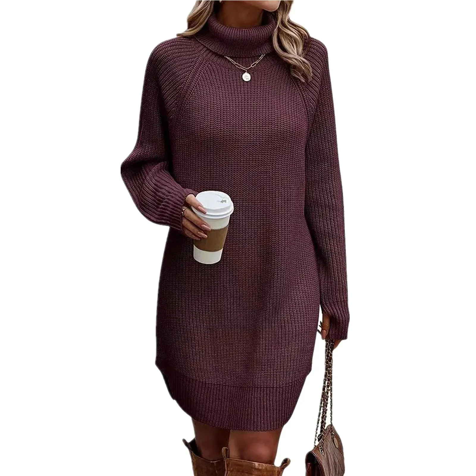 Sleeve Turtleneck Jumpers Sweaters Soft Knit Pullover Fall Winter Long Pullover Sweater Short Casual Long Dress