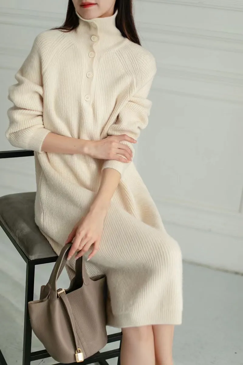 Solid color buttoned turtleneck knitted dress