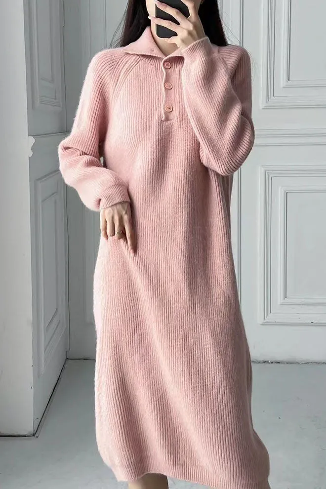 Solid color buttoned turtleneck knitted dress