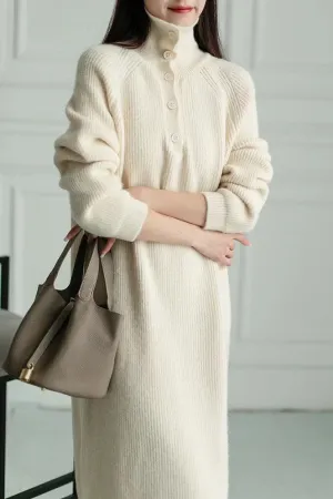 Solid color buttoned turtleneck knitted dress