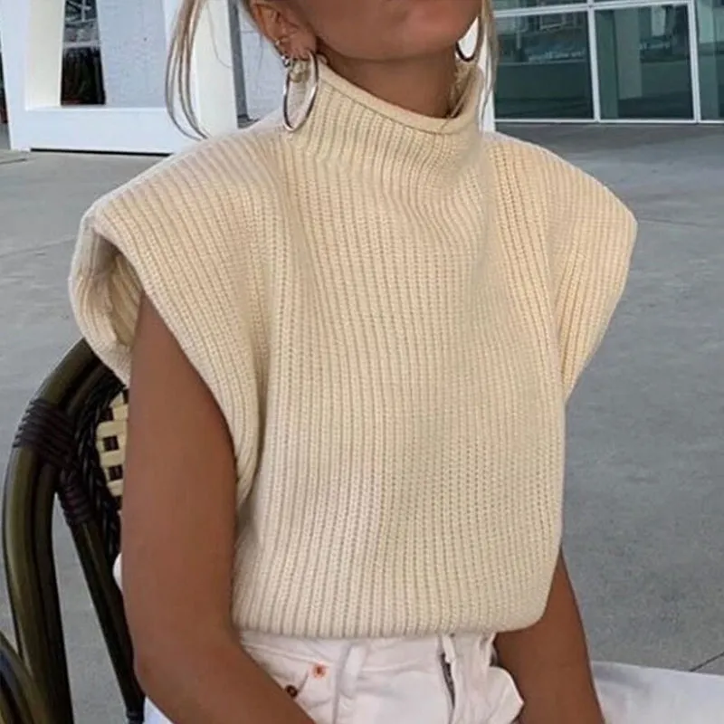 Solid Color Sleeveless Turtleneck Sweater