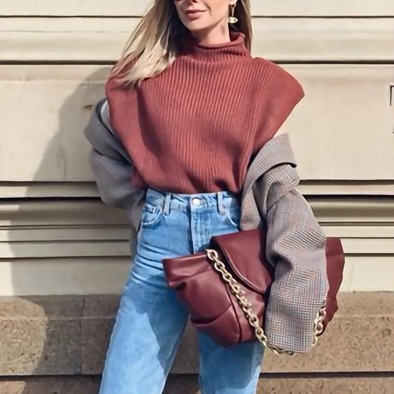 Solid Color Sleeveless Turtleneck Sweater