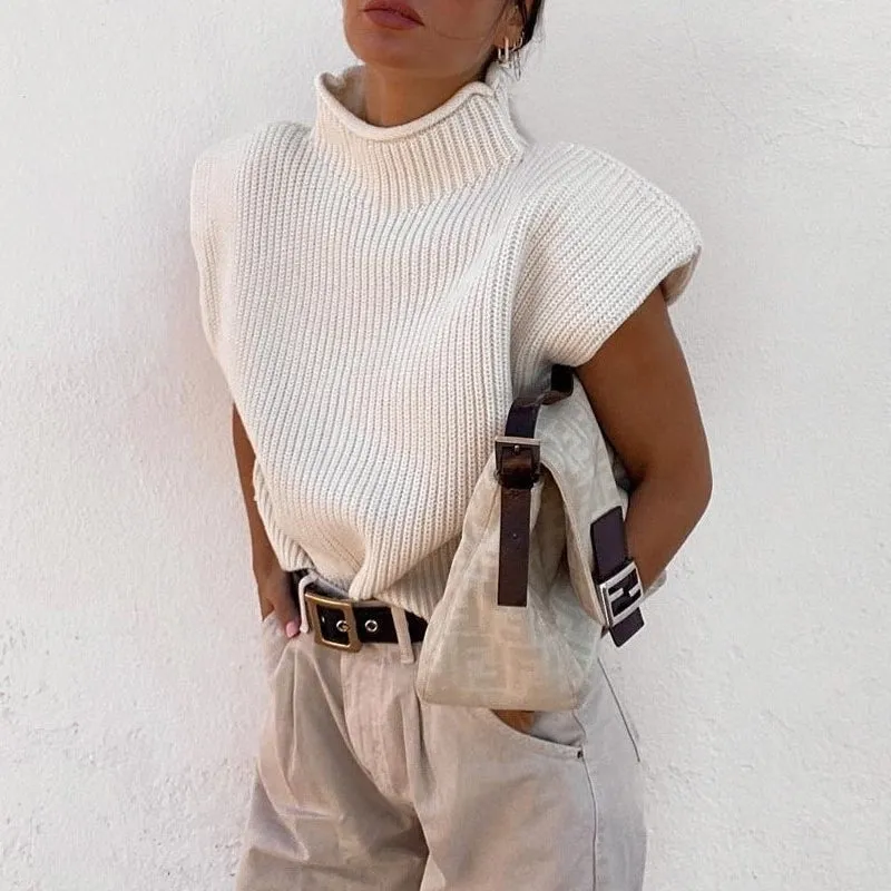 Solid Color Sleeveless Turtleneck Sweater