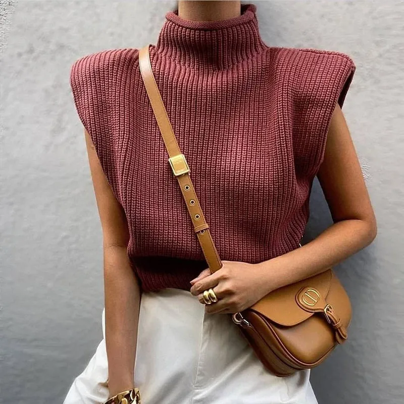 Solid Color Sleeveless Turtleneck Sweater