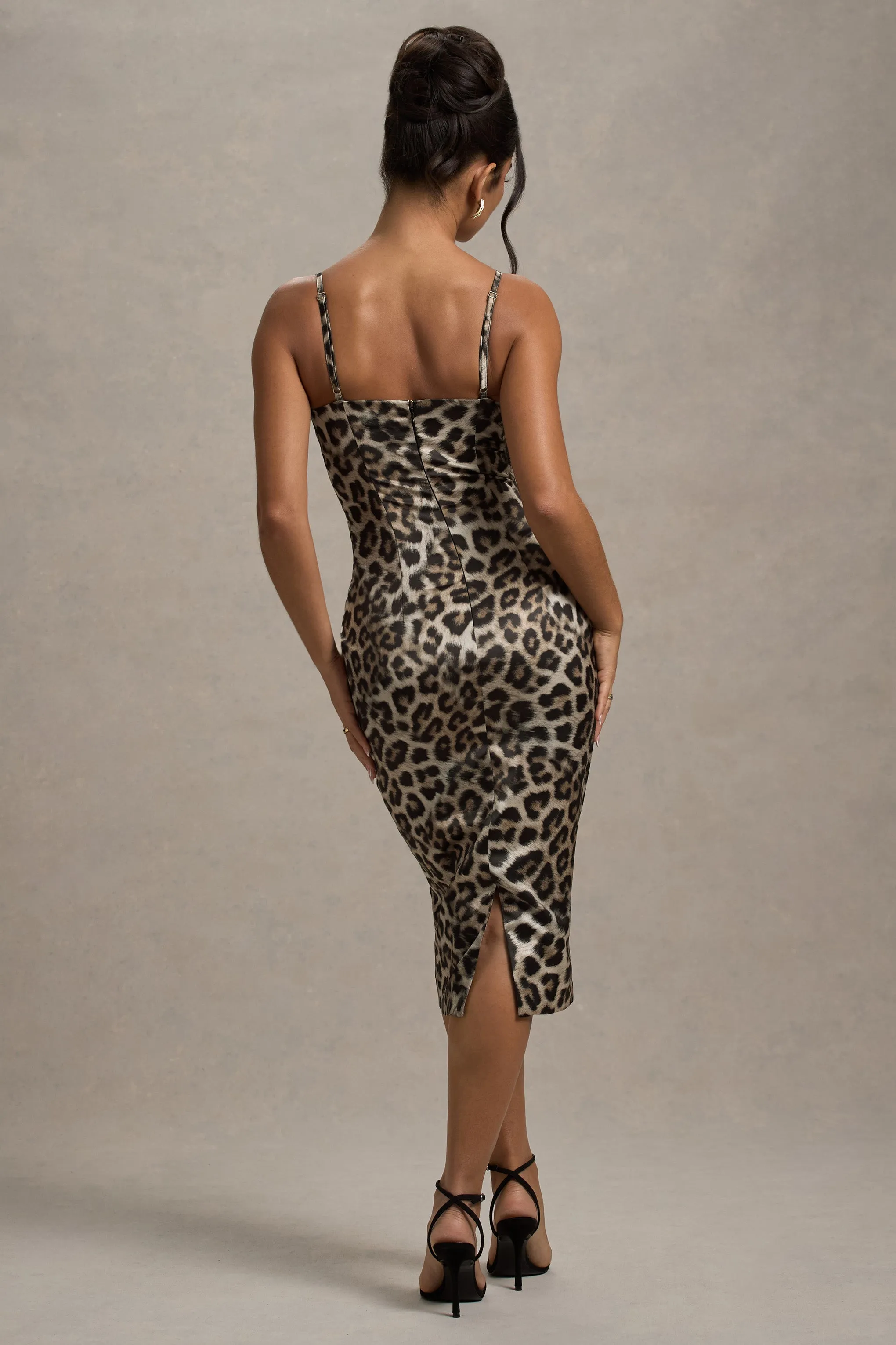 Soprano | Leopard Print Satin Sweetheart Lace Trim Midi Dress