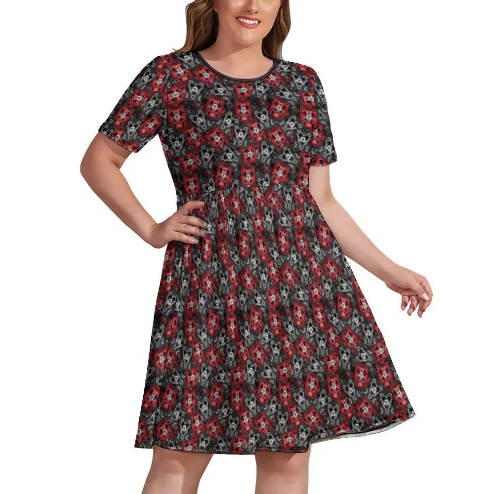 Steamboat Mickey And Minnie Cards Women's Round Neck Plus Size Dress With Pockets