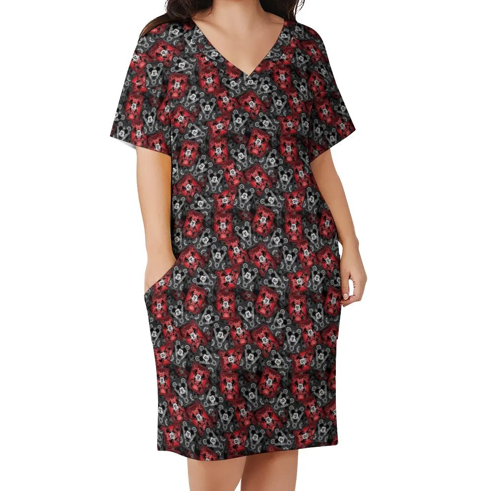 Steamboat Mickey And Minnie Cards Women's V-neck Loose Dress With Pockets