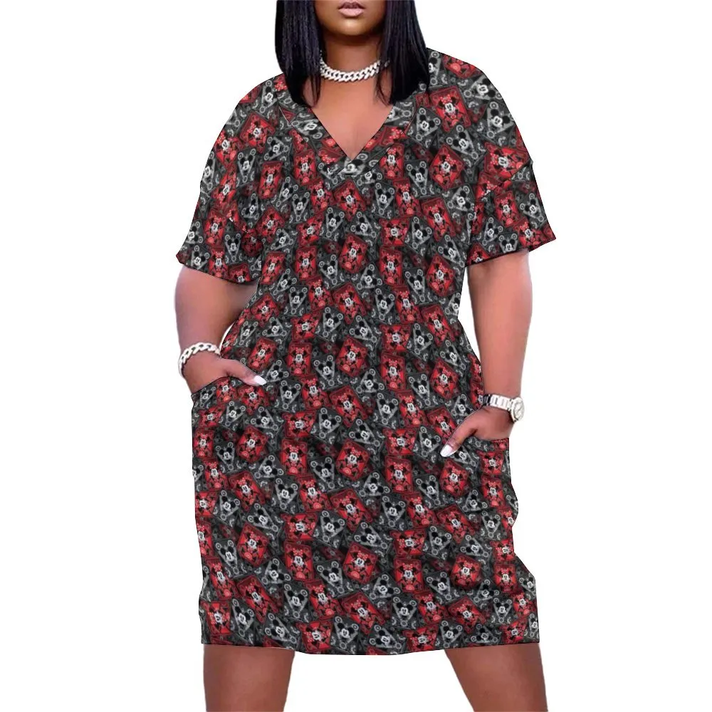 Steamboat Mickey And Minnie Cards Women's V-neck Loose Dress With Pockets