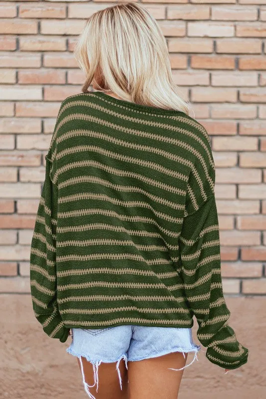 Subtle Statement - Casual Stripe Round Neck Drop Shoulder Sweater