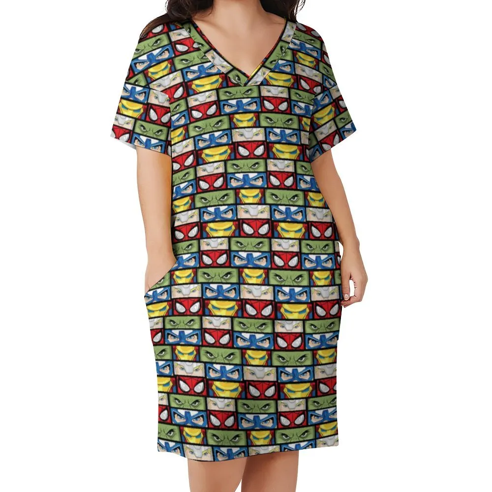 Super Heroes Eyes Women's V-neck Loose Dress With Pockets