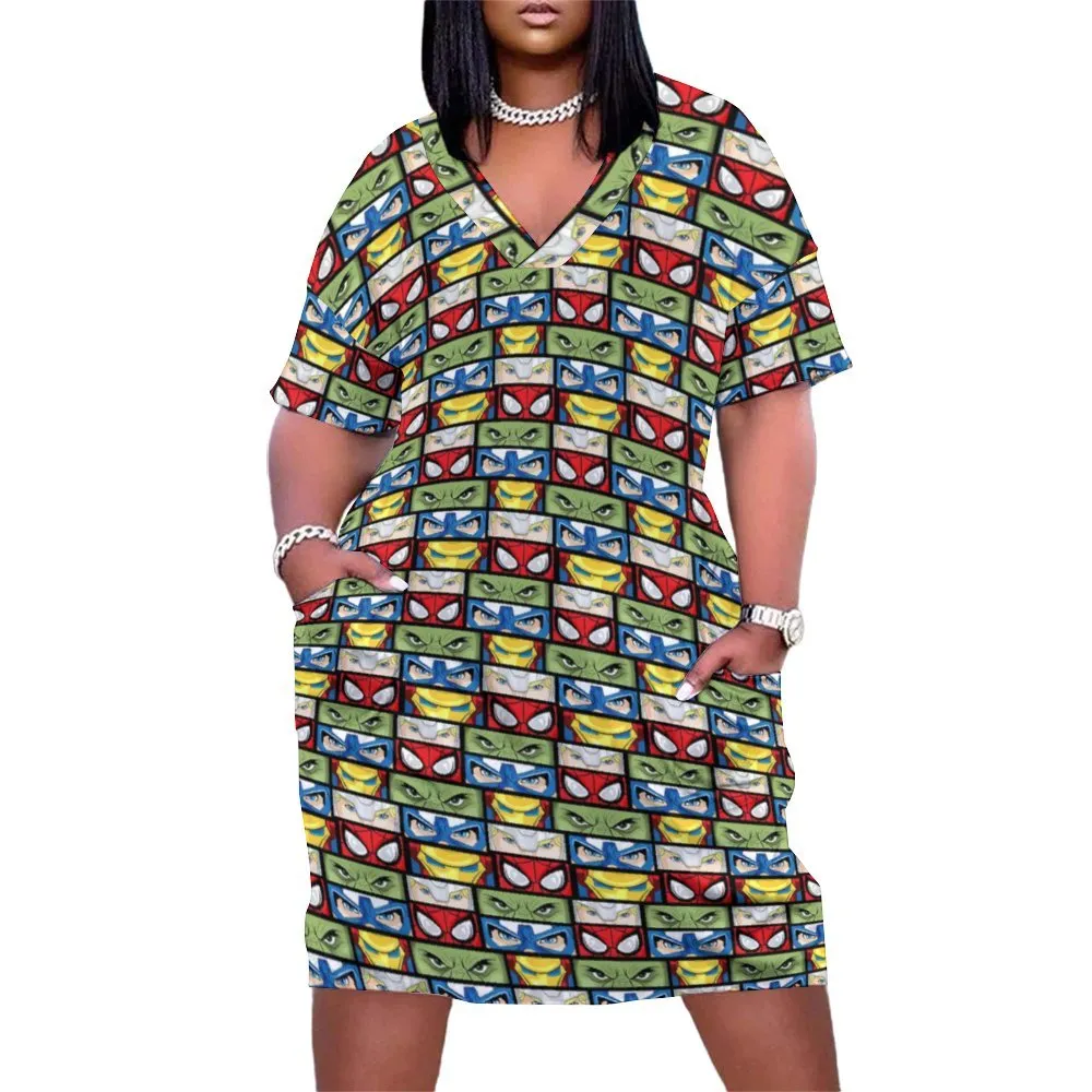 Super Heroes Eyes Women's V-neck Loose Dress With Pockets