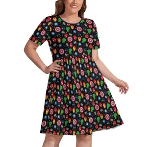 Super Heroes Women's Round Neck Plus Size Dress With Pockets