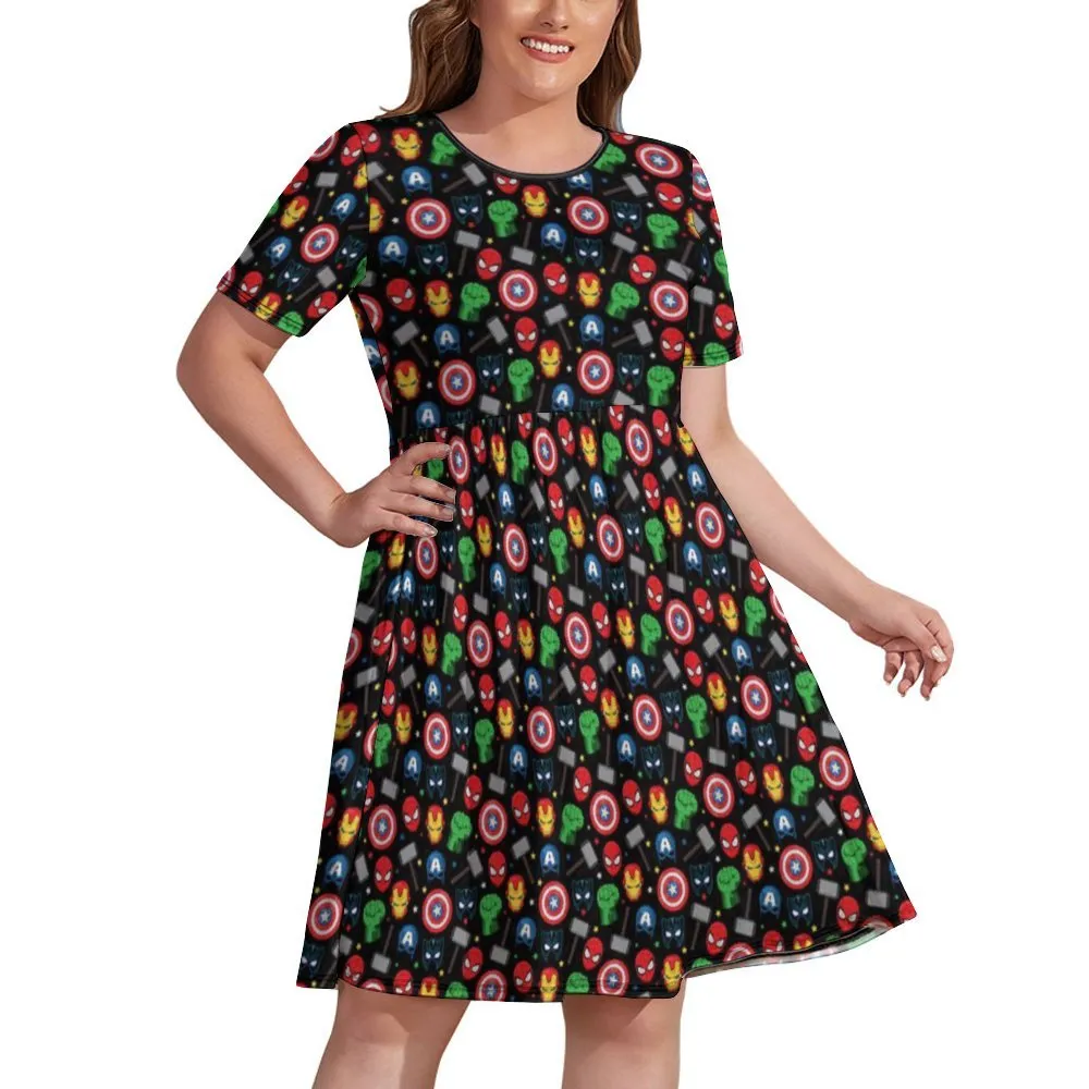 Super Heroes Women's Round Neck Plus Size Dress With Pockets