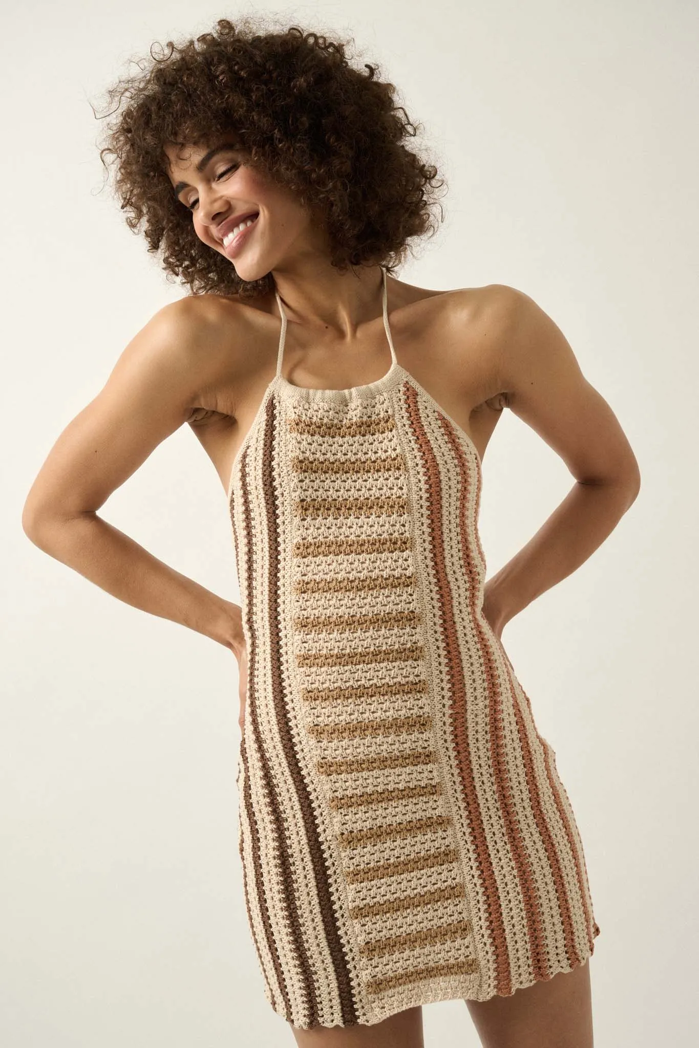 Surf's Up Striped Crochet Knit Halter Sweater Dress