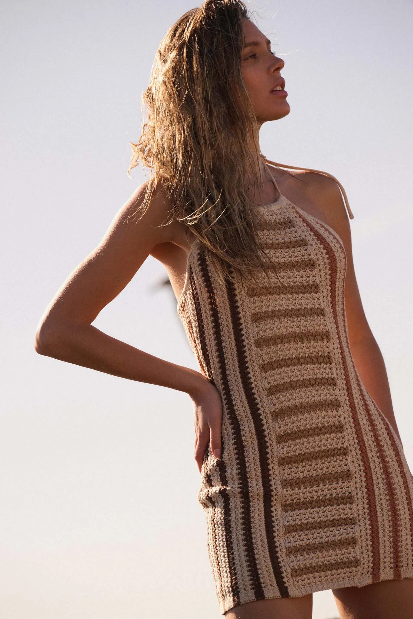 Surf's Up Striped Crochet Knit Halter Sweater Dress