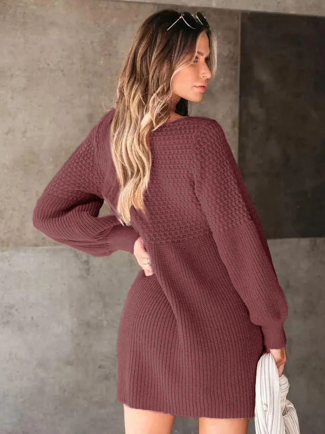 Sweater Mini Dress Perfee V-Neck Knit Long Balloon Sleeve