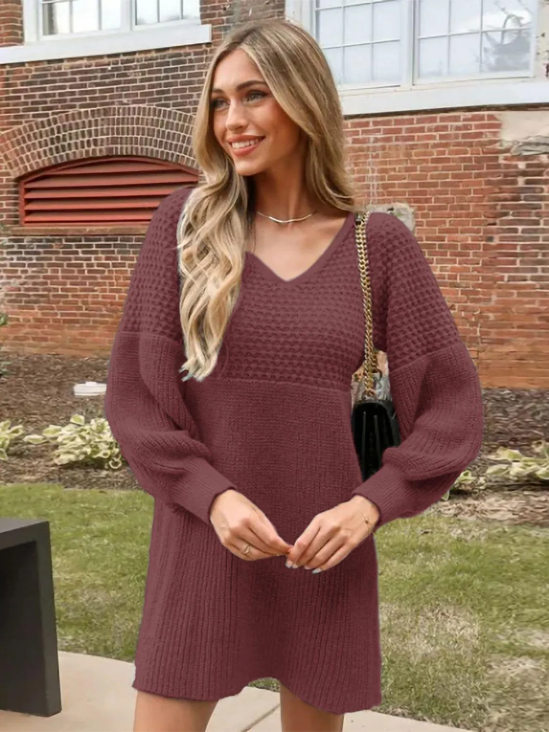 Sweater Mini Dress Perfee V-Neck Knit Long Balloon Sleeve