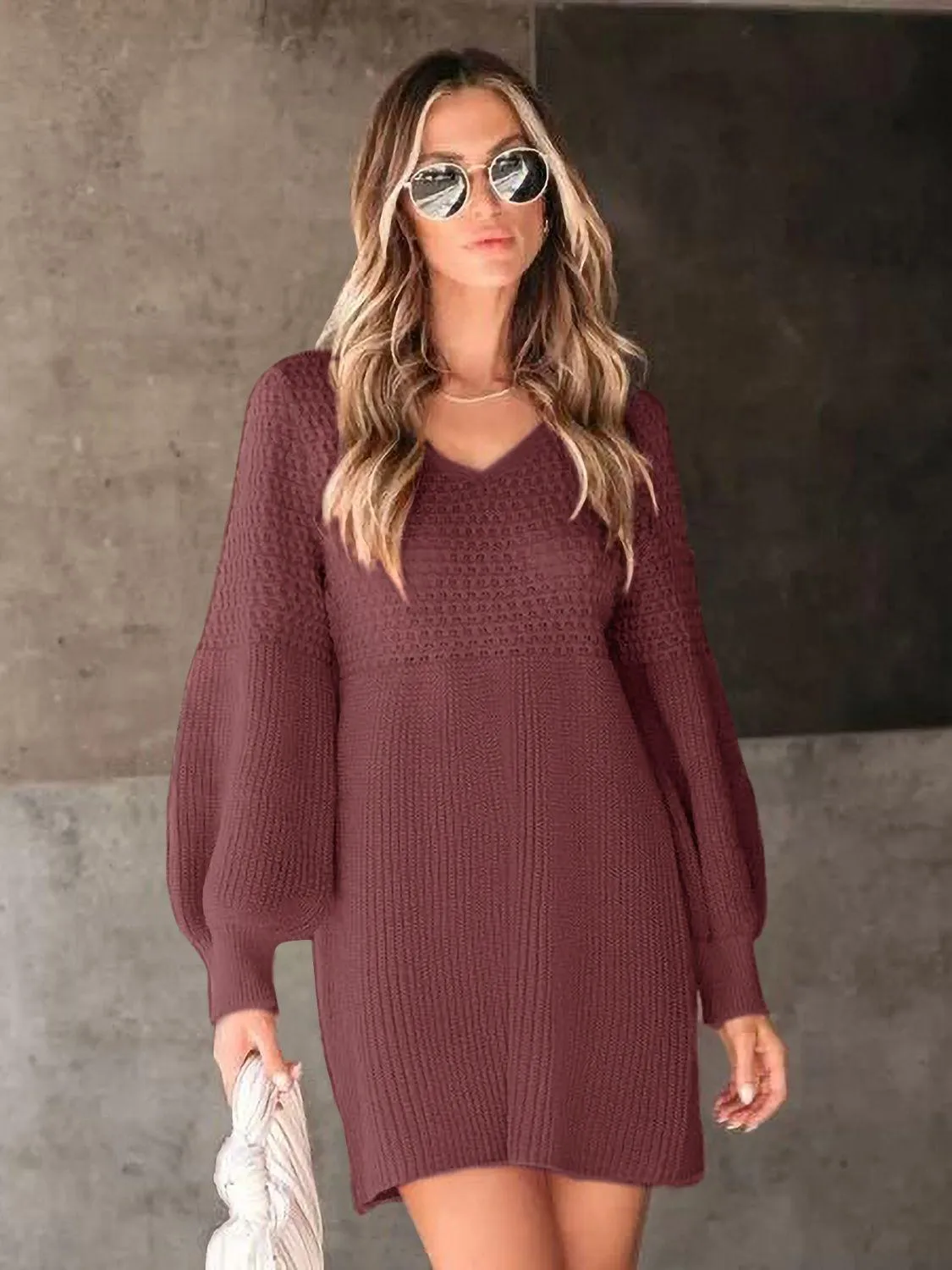 Sweater Mini Dress Perfee V-Neck Knit Long Balloon Sleeve