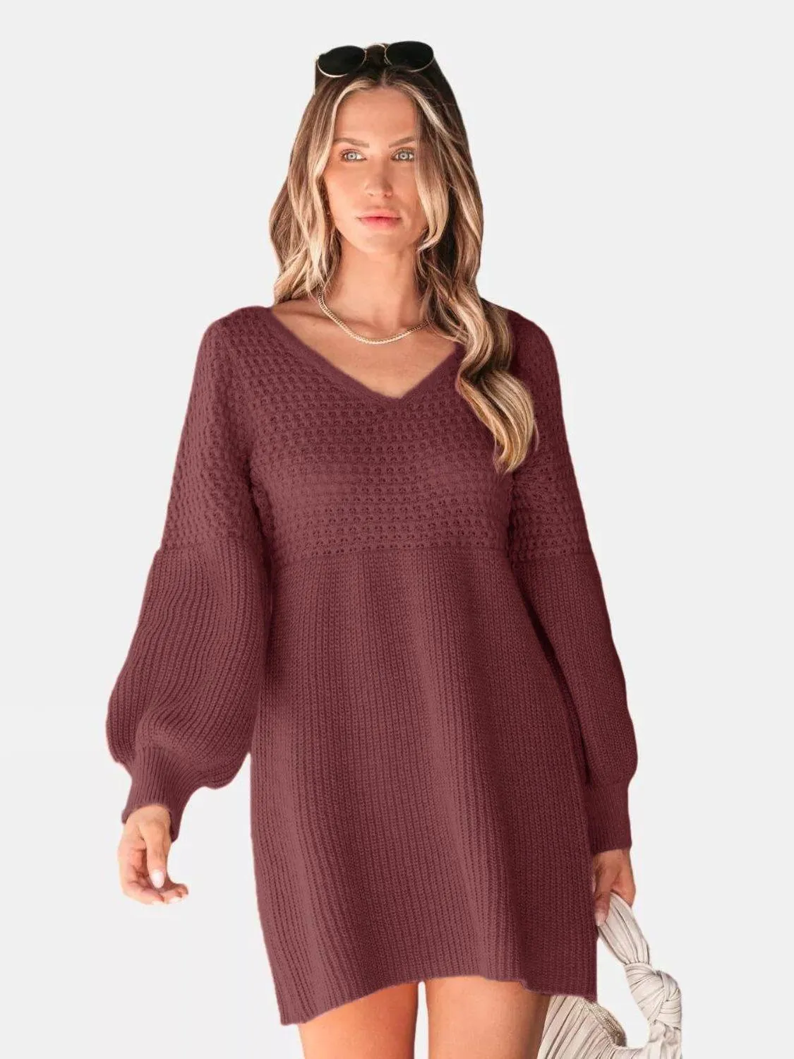 Sweater Mini Dress Perfee V-Neck Knit Long Balloon Sleeve