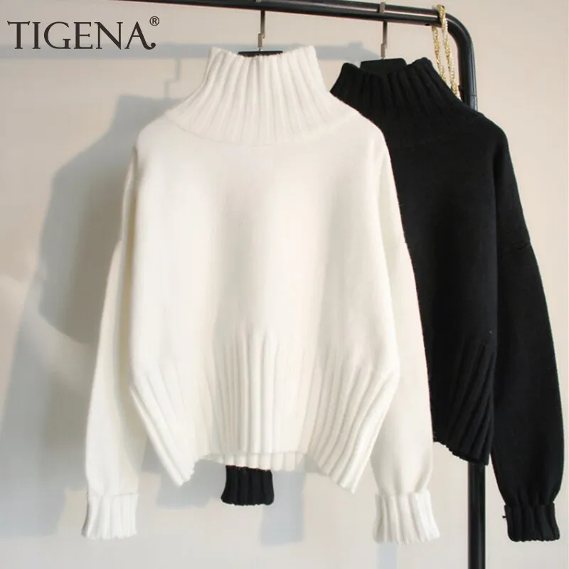 TIGENA Fashion Design Turtleneck Sweater Women Jumper 2019 Winter Loose Long Sleeve Knitted Pullover Sweater Female Black White