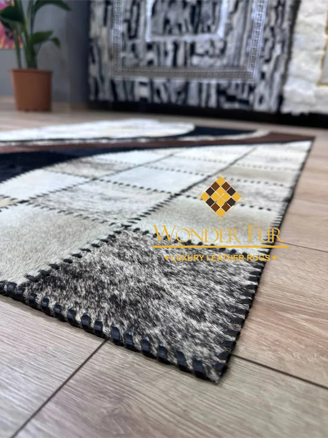 Tricolor Patchwork Original Cowhide Rug , Modern Office Non Slip Rug