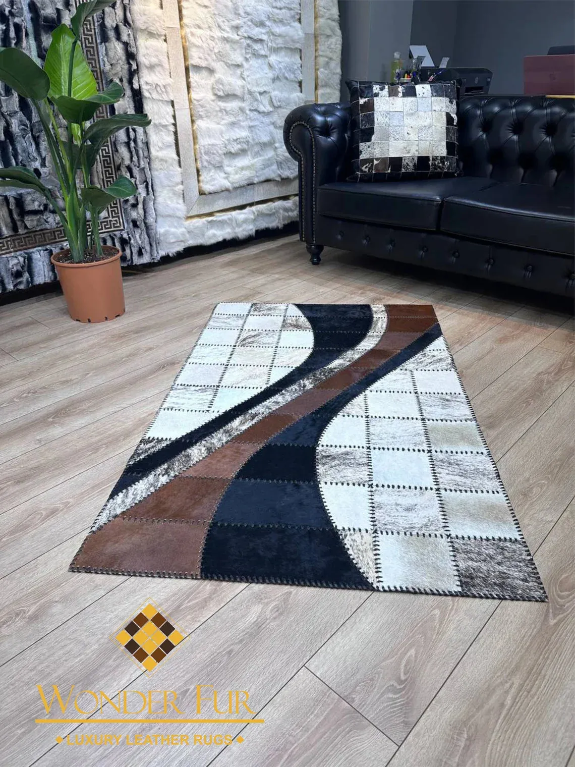 Tricolor Patchwork Original Cowhide Rug , Modern Office Non Slip Rug