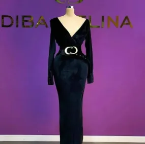 Turkey brand velvet long bodycon dress with belt