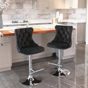 Two Height Adjustable Swivel Bar Stool Velvet Studs Barstool with Footrest and Chromed Base- Black