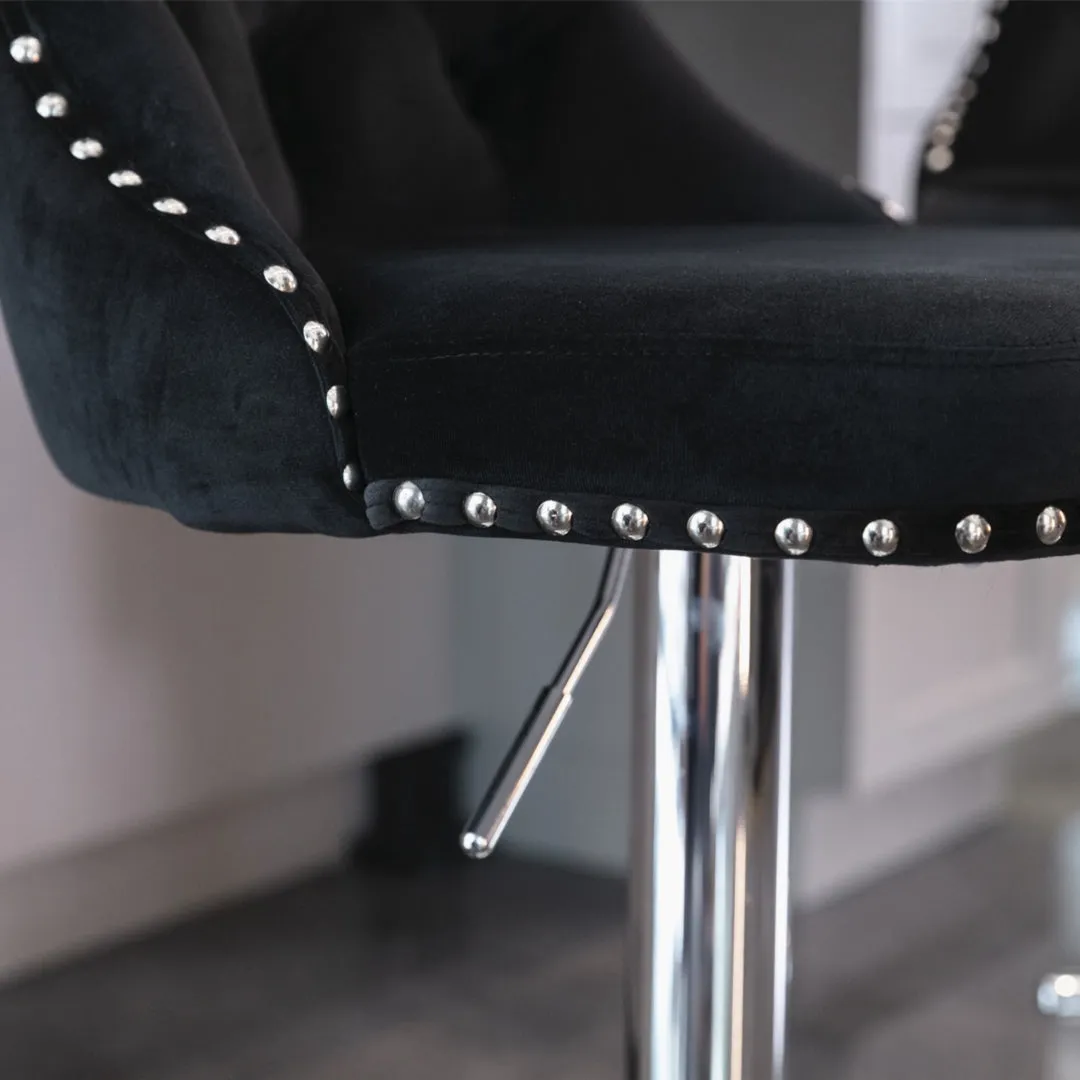 Two Height Adjustable Swivel Bar Stool Velvet Studs Barstool with Footrest and Chromed Base- Black