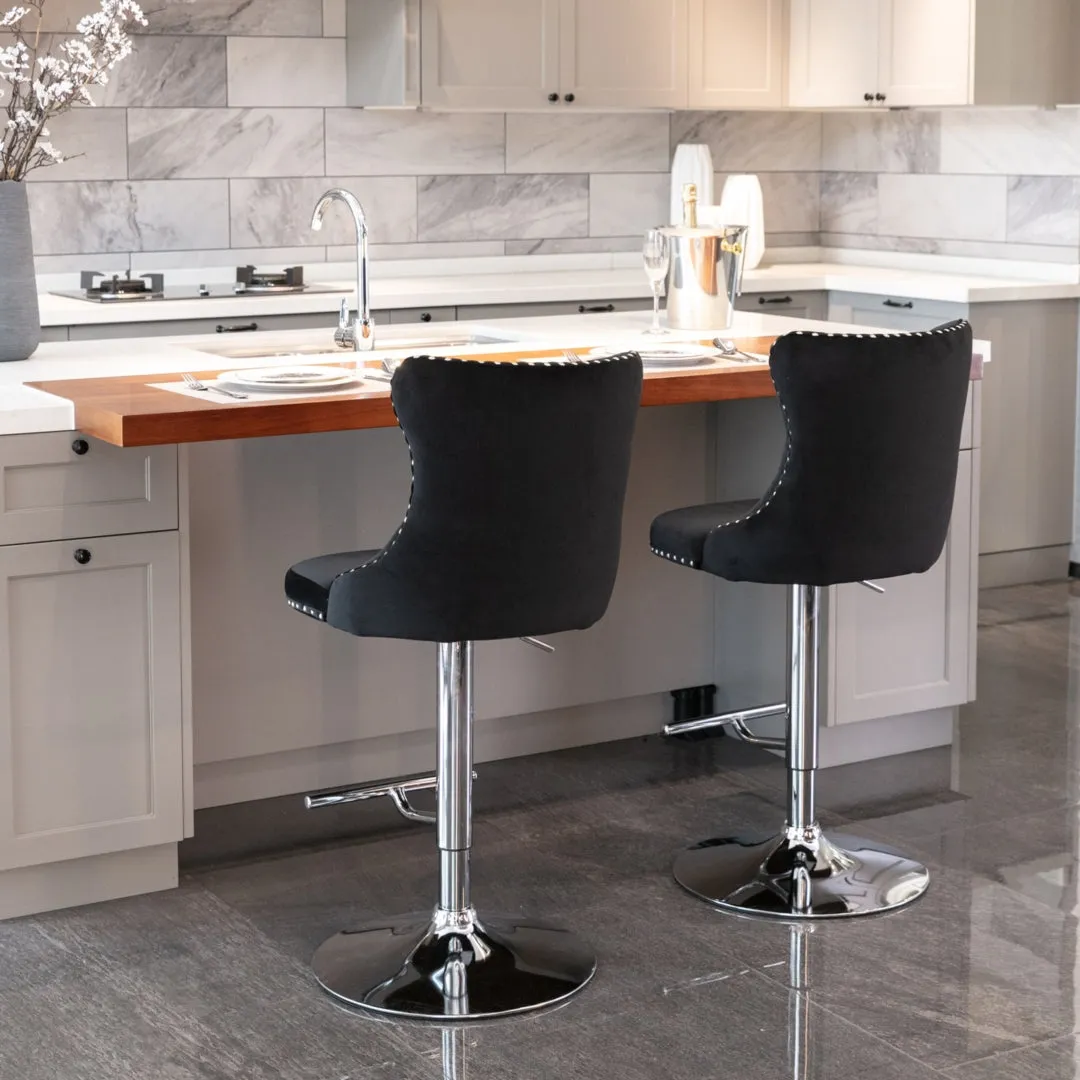 Two Height Adjustable Swivel Bar Stool Velvet Studs Barstool with Footrest and Chromed Base- Black