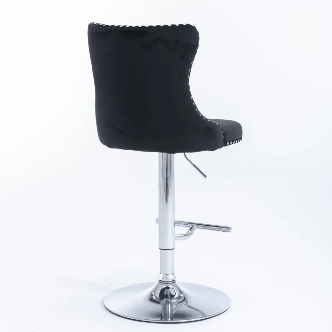 Two Height Adjustable Swivel Bar Stool Velvet Studs Barstool with Footrest and Chromed Base- Black