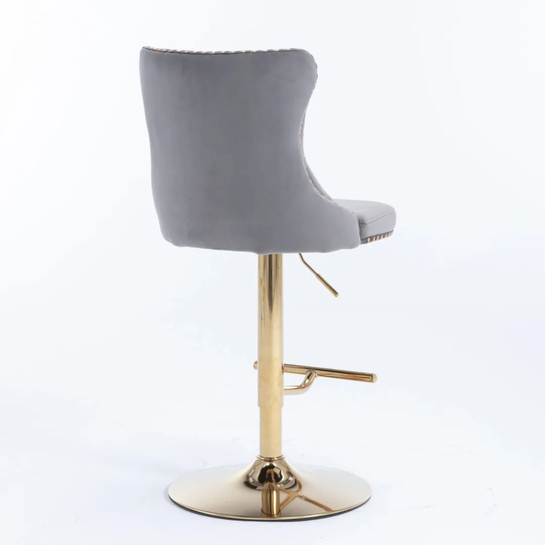 Two Height Adjustable Swivel Bar Stool Velvet Studs Barstool with Footrest and Golden Base- Grey