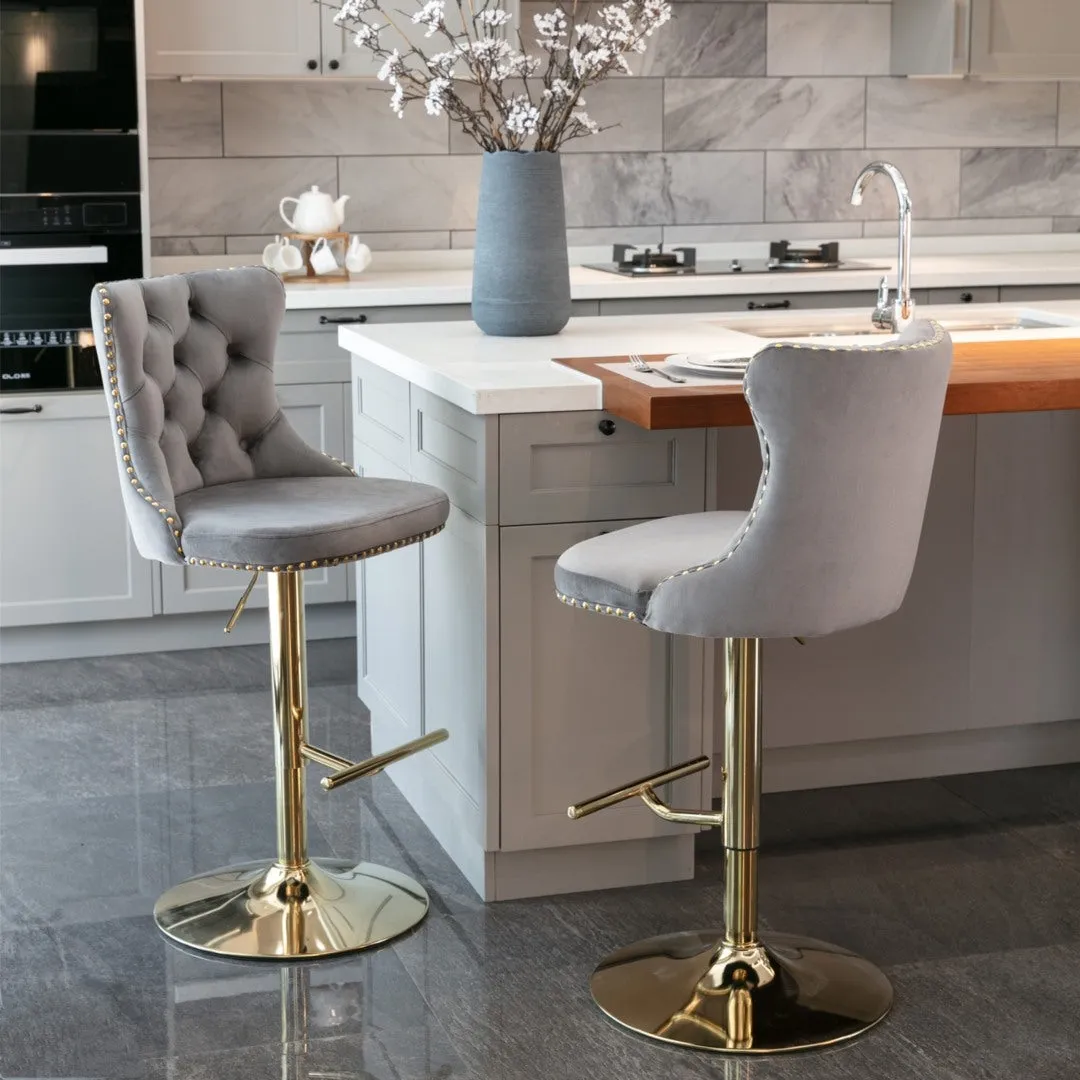 Two Height Adjustable Swivel Bar Stool Velvet Studs Barstool with Footrest and Golden Base- Grey