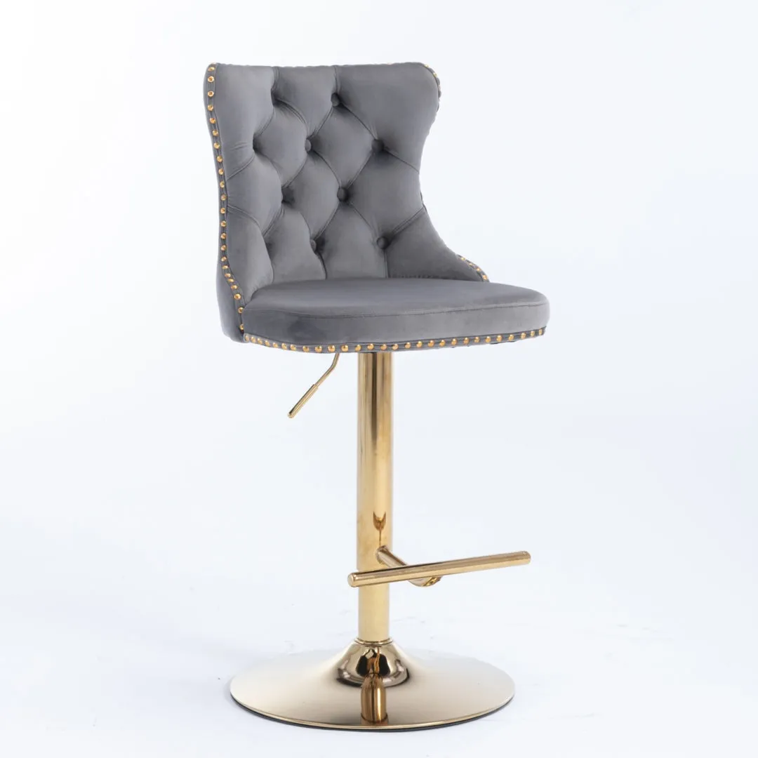 Two Height Adjustable Swivel Bar Stool Velvet Studs Barstool with Footrest and Golden Base- Grey