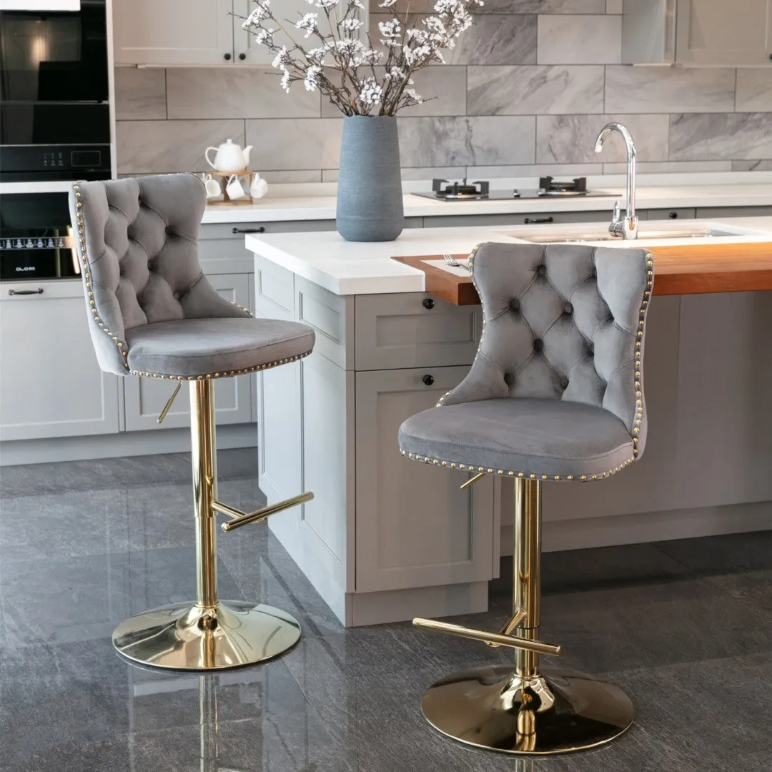 Two Height Adjustable Swivel Bar Stool Velvet Studs Barstool with Footrest and Golden Base- Grey