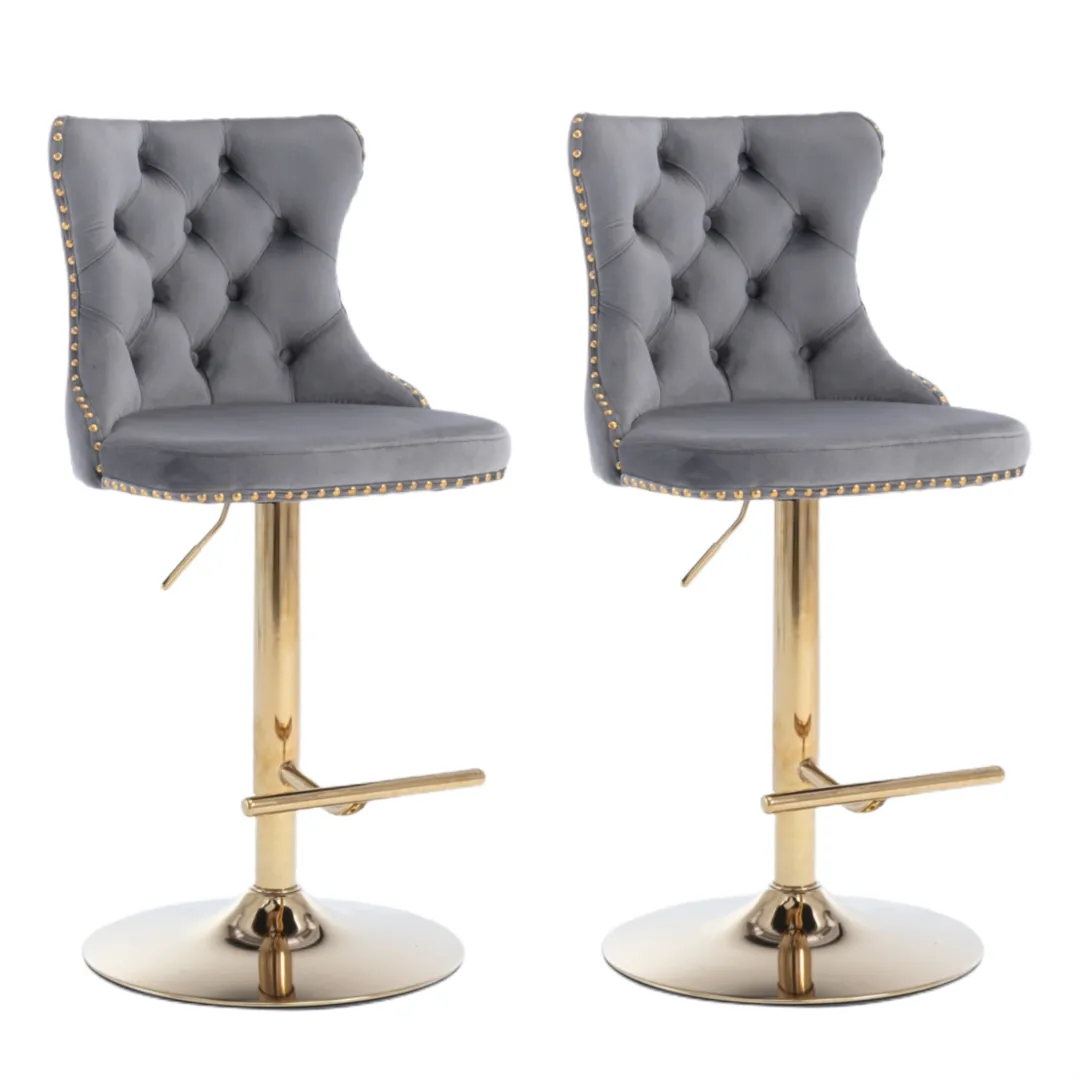 Two Height Adjustable Swivel Bar Stool Velvet Studs Barstool with Footrest and Golden Base- Grey