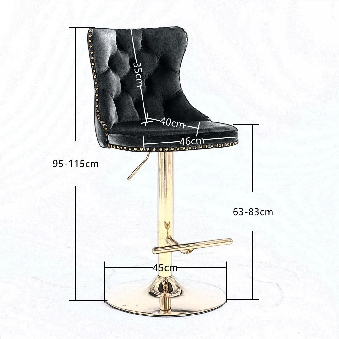 Two Height Adjustable Swivel Bar Stool Velvet Studs Barstool with Footrest and Golden Base- Grey