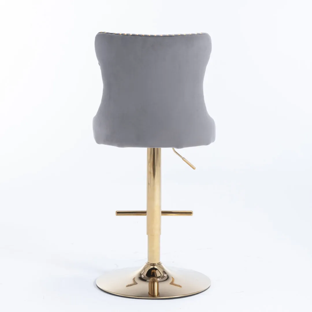 Two Height Adjustable Swivel Bar Stool Velvet Studs Barstool with Footrest and Golden Base- Grey