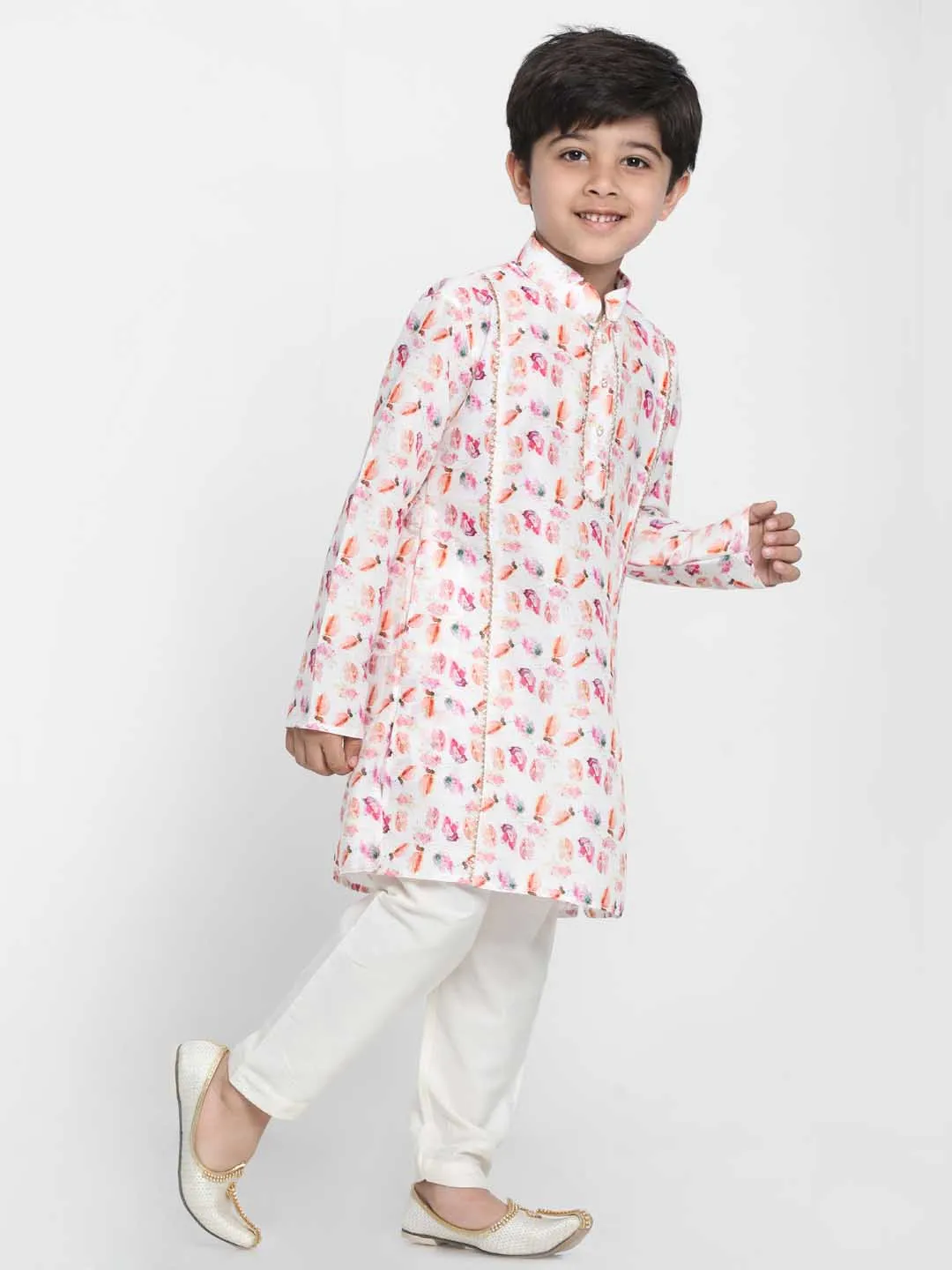 VASTRAMAY Boy's  Multicolor-Base-White Cotton Blend Kurta and Pyjama Set