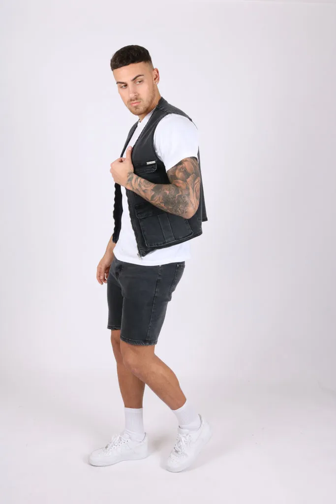 Washed Black Denim Gilet Vest