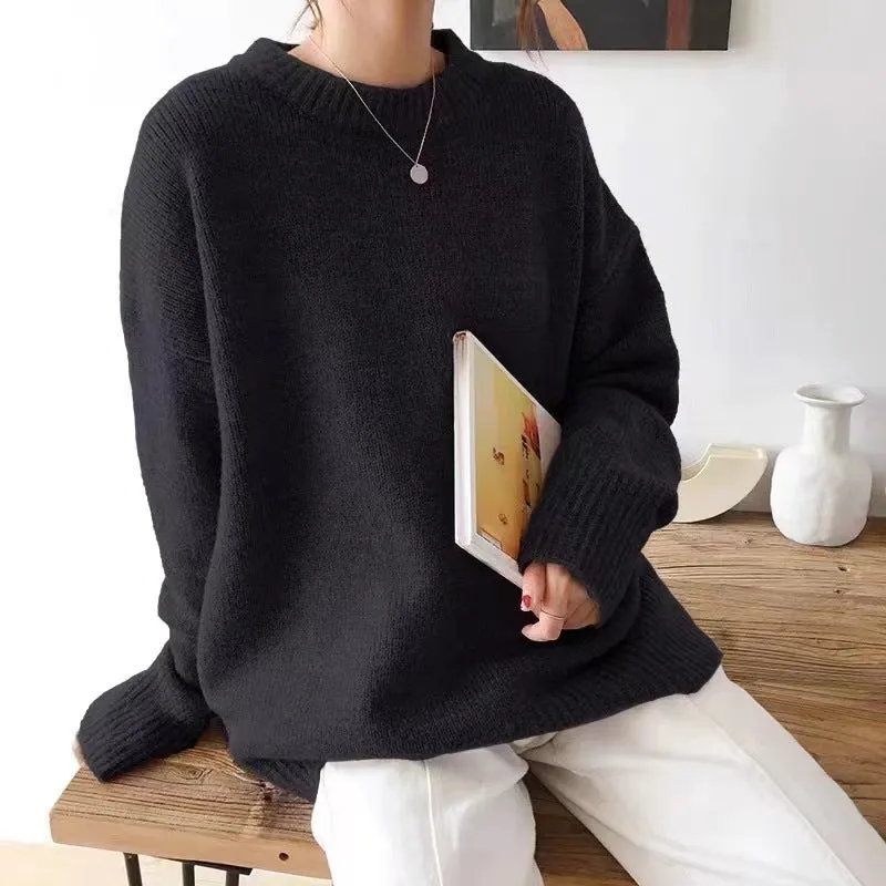 Wenkouban fall outfits 2024 Gray Sweater Women's Autumn and Winter Loose Retro Hong Kong Style Lazy Style round Neck Pullover Top Thick Thread Outer Wear Sweater Women