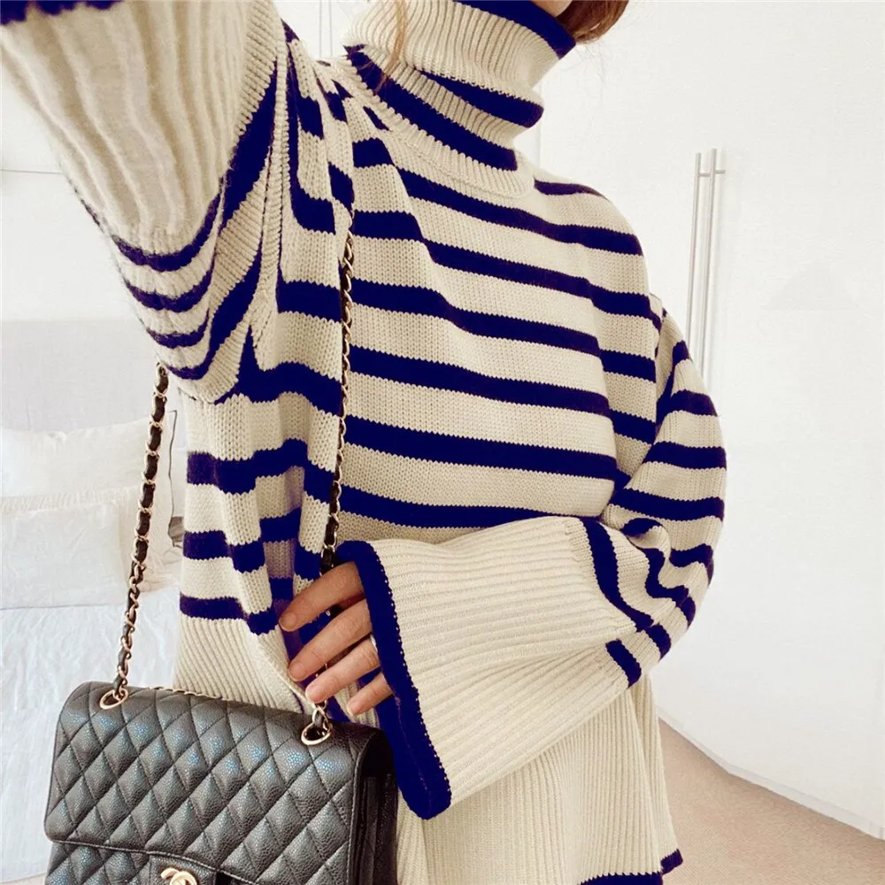 Wenkouban New Ladies  Autumn Winter Turtleneck Sweater Women Pullover Tops Clothes Black White Striped Loose Casual Sweater Jumpers Female