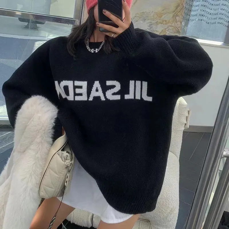 Wenkouban Women's Street Style 2024 Autumn and Winter Pullover Loose Casual Top Letter Knitted round Neck Sweater