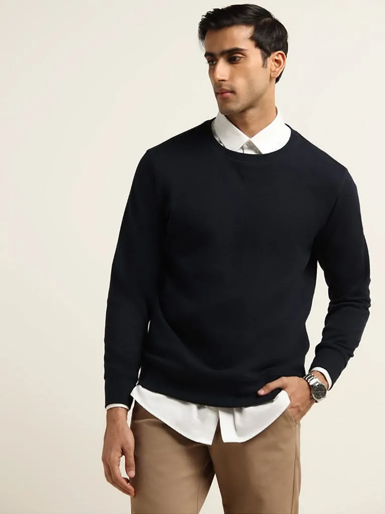 WES Lounge Navy Self-Patterned Cotton Blend Sweatshirt