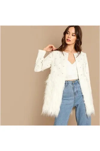 White Office Lady Solid Pearl Embellished Faux Fur Round Neck Jacket