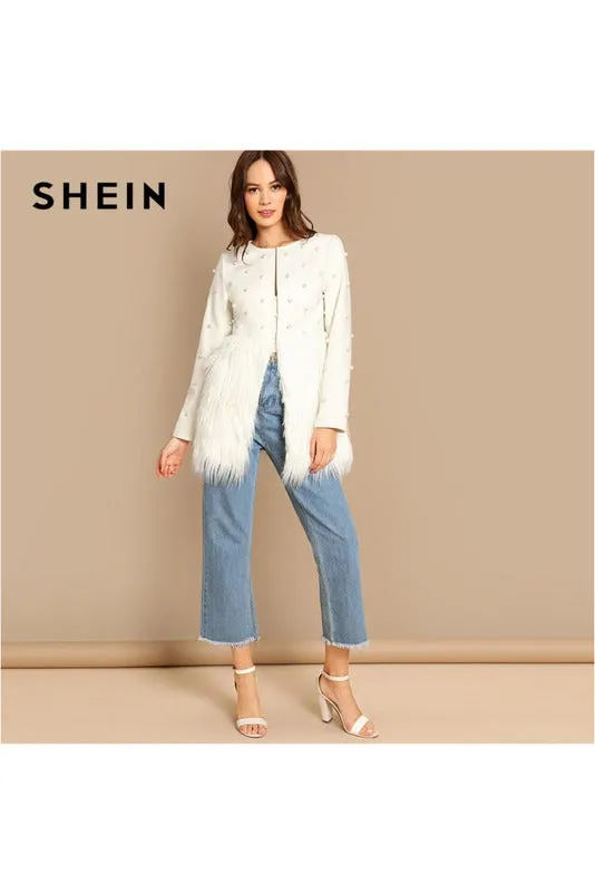 White Office Lady Solid Pearl Embellished Faux Fur Round Neck Jacket