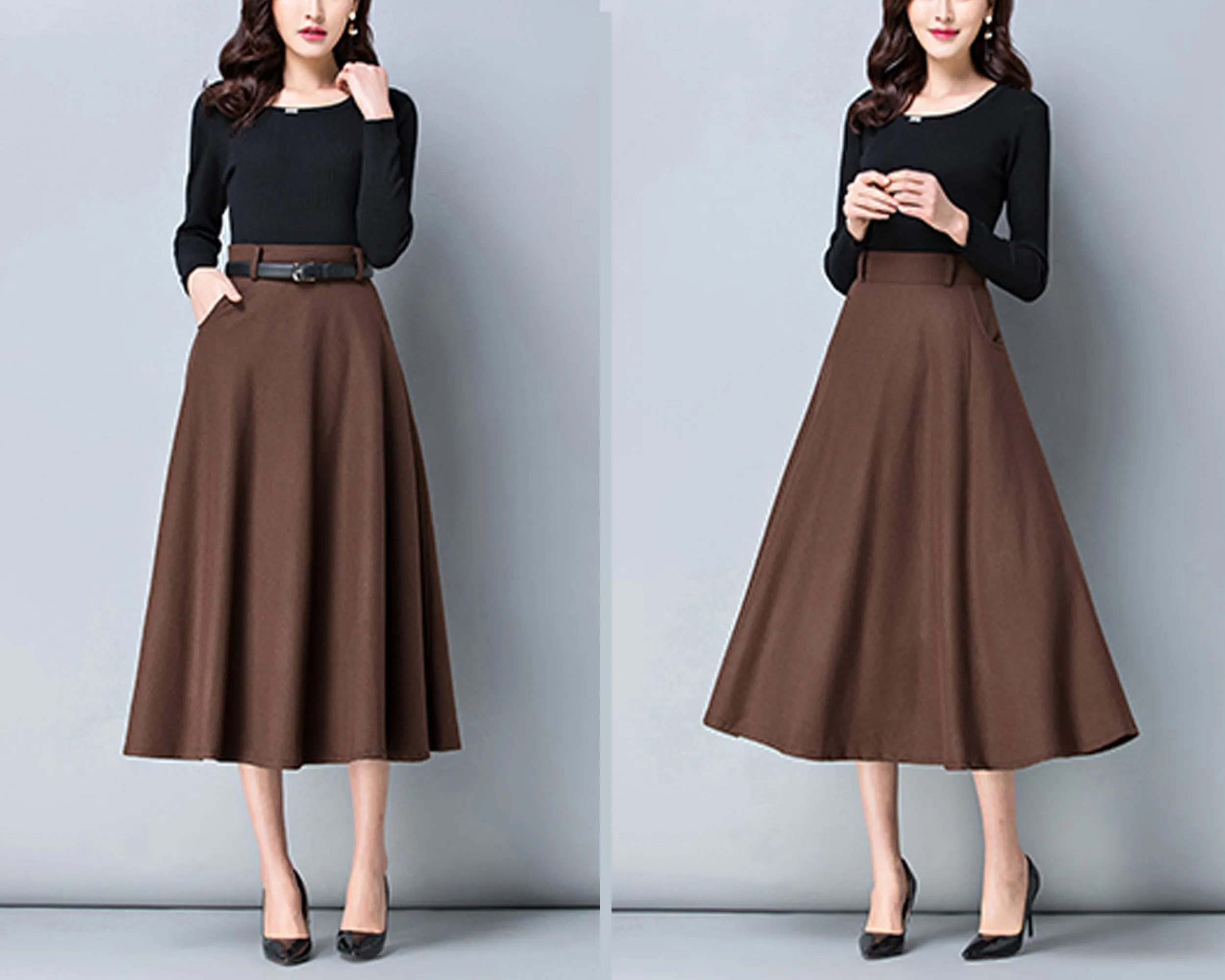 Winter skirt, Midi skirt, Wool skirt, dark gray skirt, long skirt, vintage skirt, high waist skirt, flare skirt, Wool skirt with belt Q0025